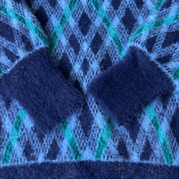 Aerie Flurry Oversized Argyle Sweater Fuzzy Winter Cozy Blue Crewneck Top XXS - Picture 5 of 11